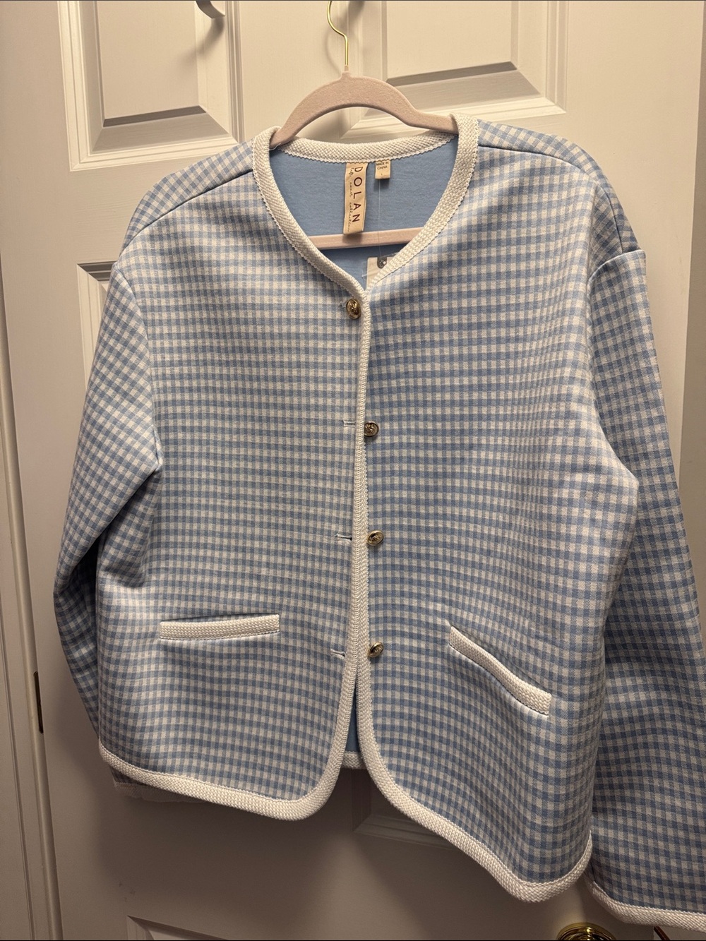 Anthropologie Light Blue Gingham Open-Front Jacket with White Trim - Picture 2 of 3